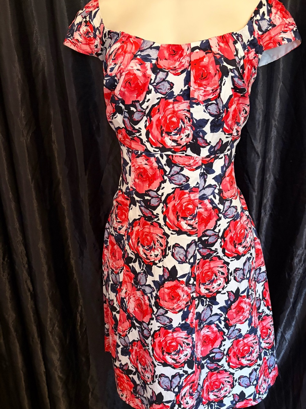 London Times off-Shoulder Floral Dress in Red, Navy, and White